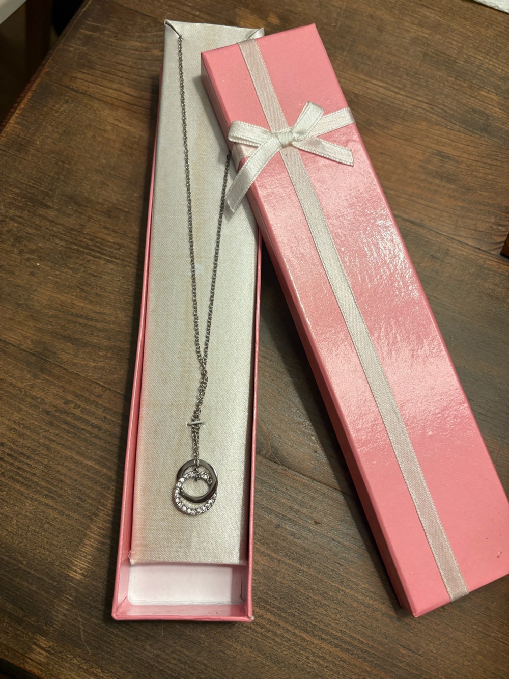 Silver Crystal Double Circle Pendant Necklace - Pink Box